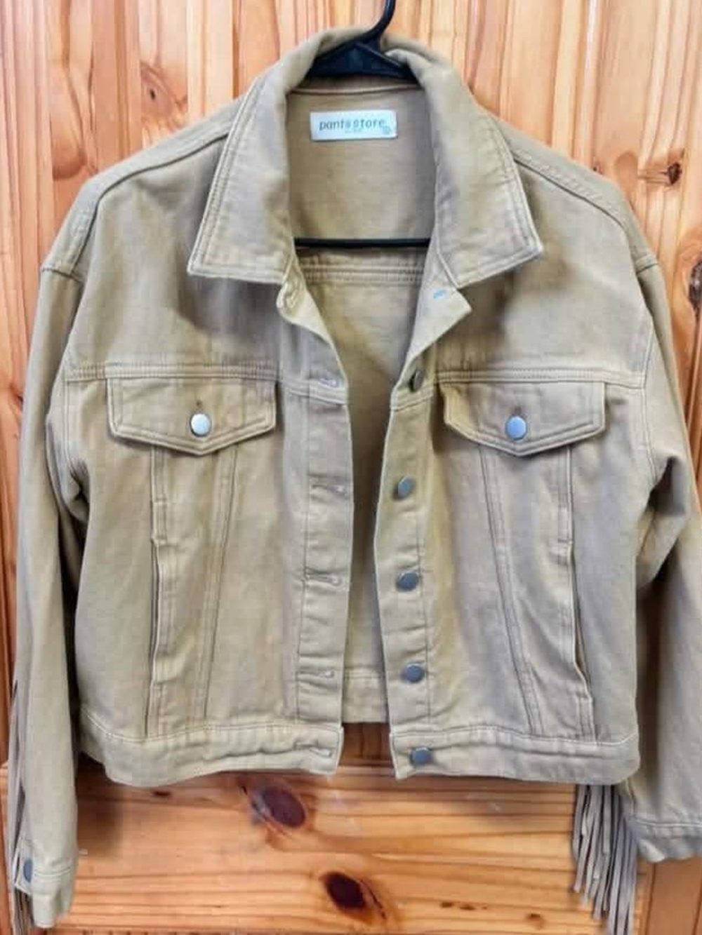 Point of Grace Women's Tan Cropped Denim Jacket with Fringe